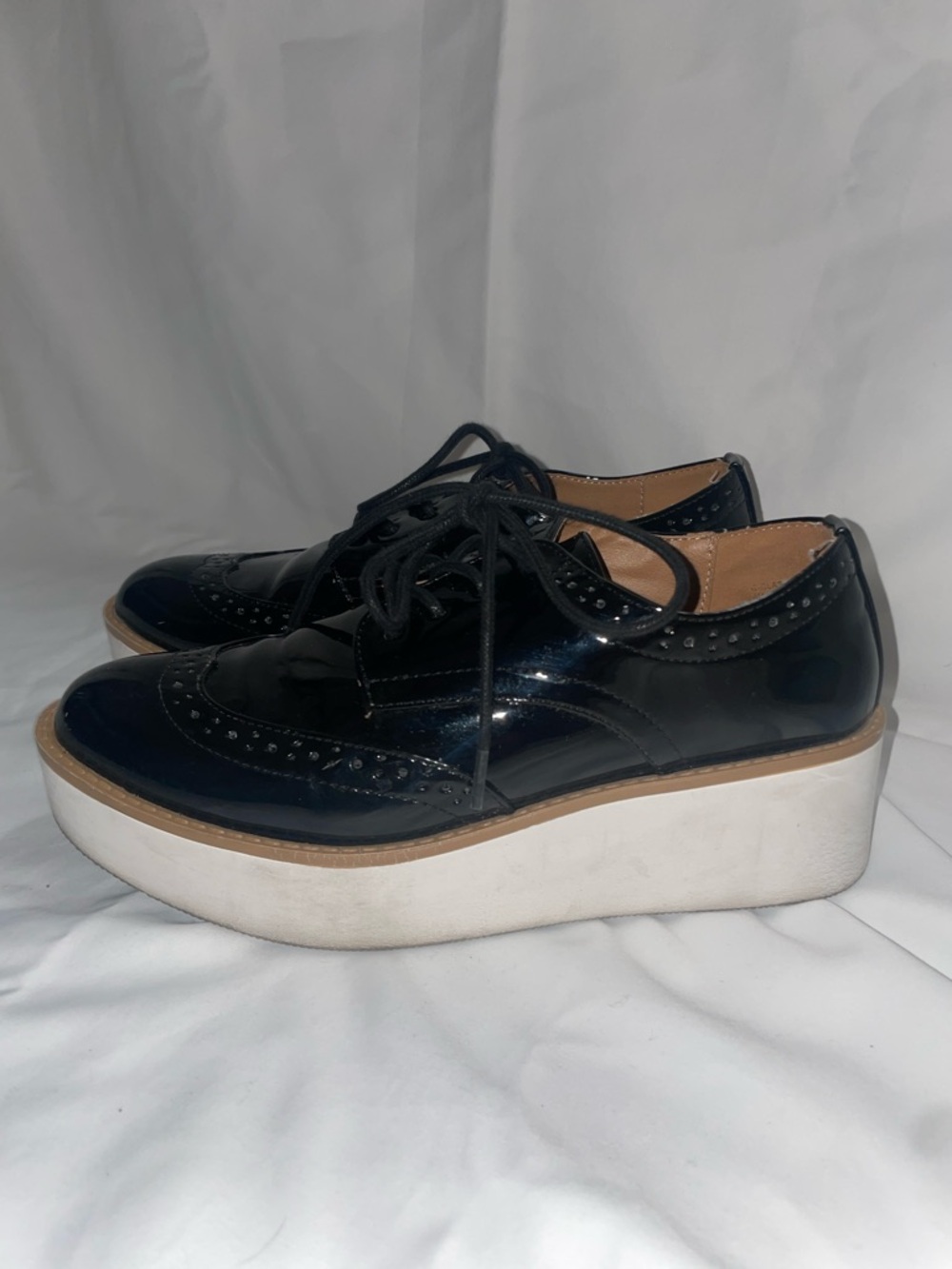 Madden Girl Black Patent Brogue Lace-Up Oxfords with Tan Sole